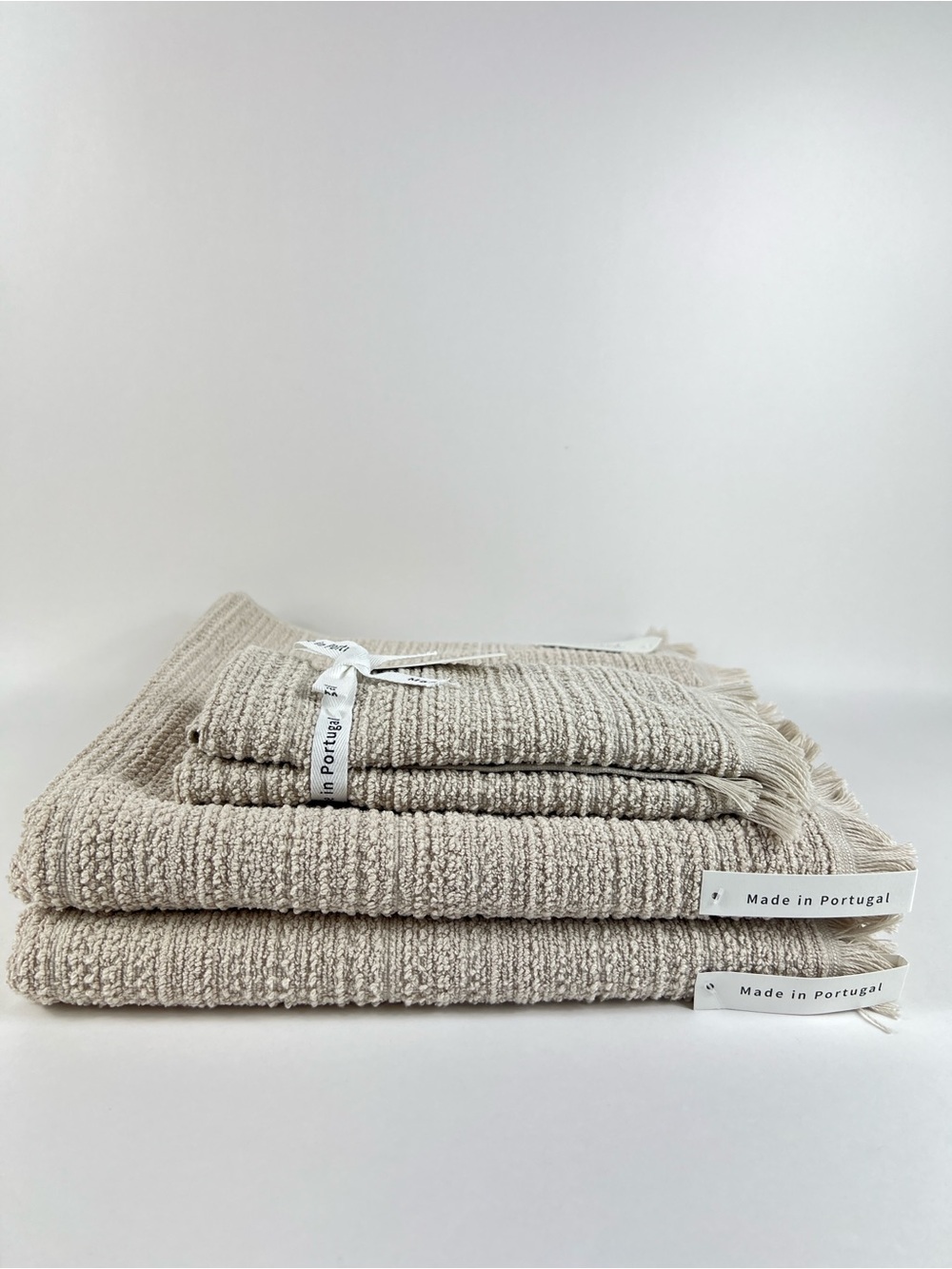 Bianca Bath Towel Set Tan with Fringe Textured Cotton Made in Portugal 4 Pc NEW